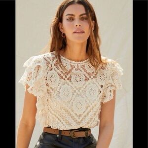 Anthropologie Blue Tassel Ruffled Crochet Blouse